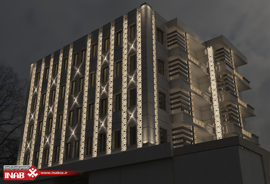 طراحی نمای ساختمان مسکونی 4 طبقه در شب